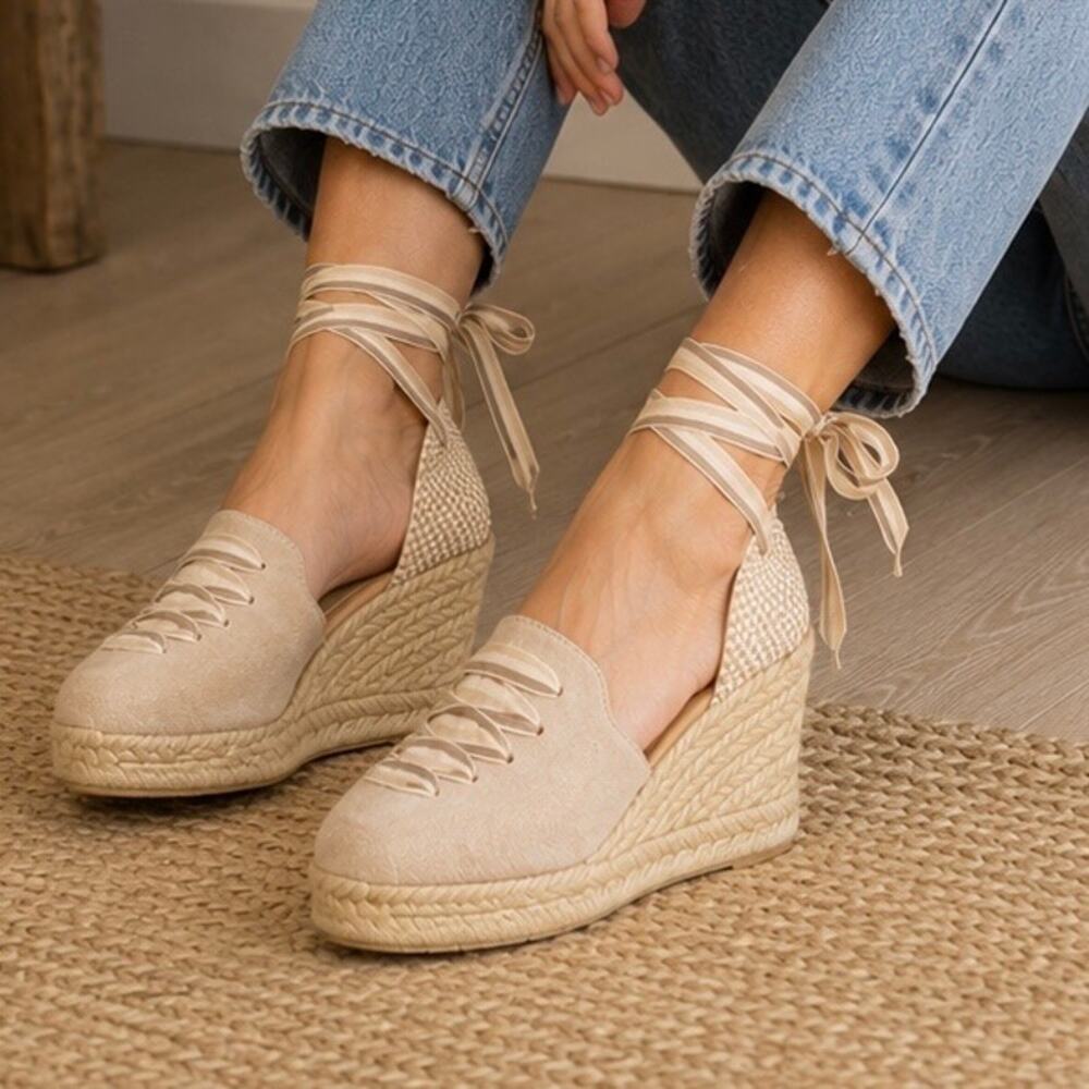 PASEART | Suede Lace-Up Espadrille Wedge Sandals Tan Beige Spain | Size 41 (9.5)